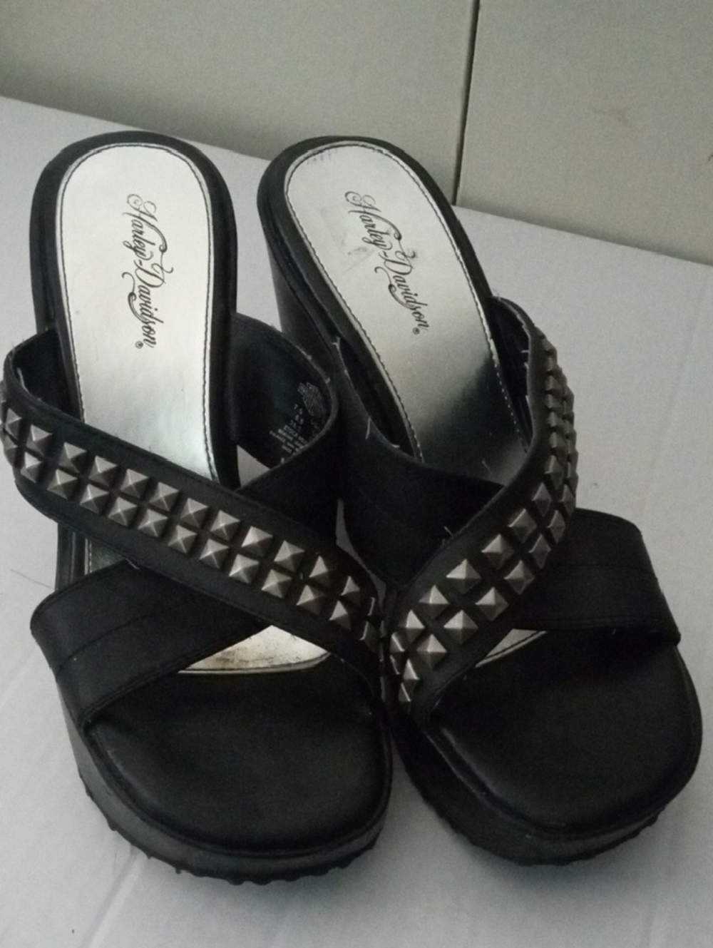 Harley-Davidson Black Pyramid Genuine Leather Upper Wedge Slide Mules